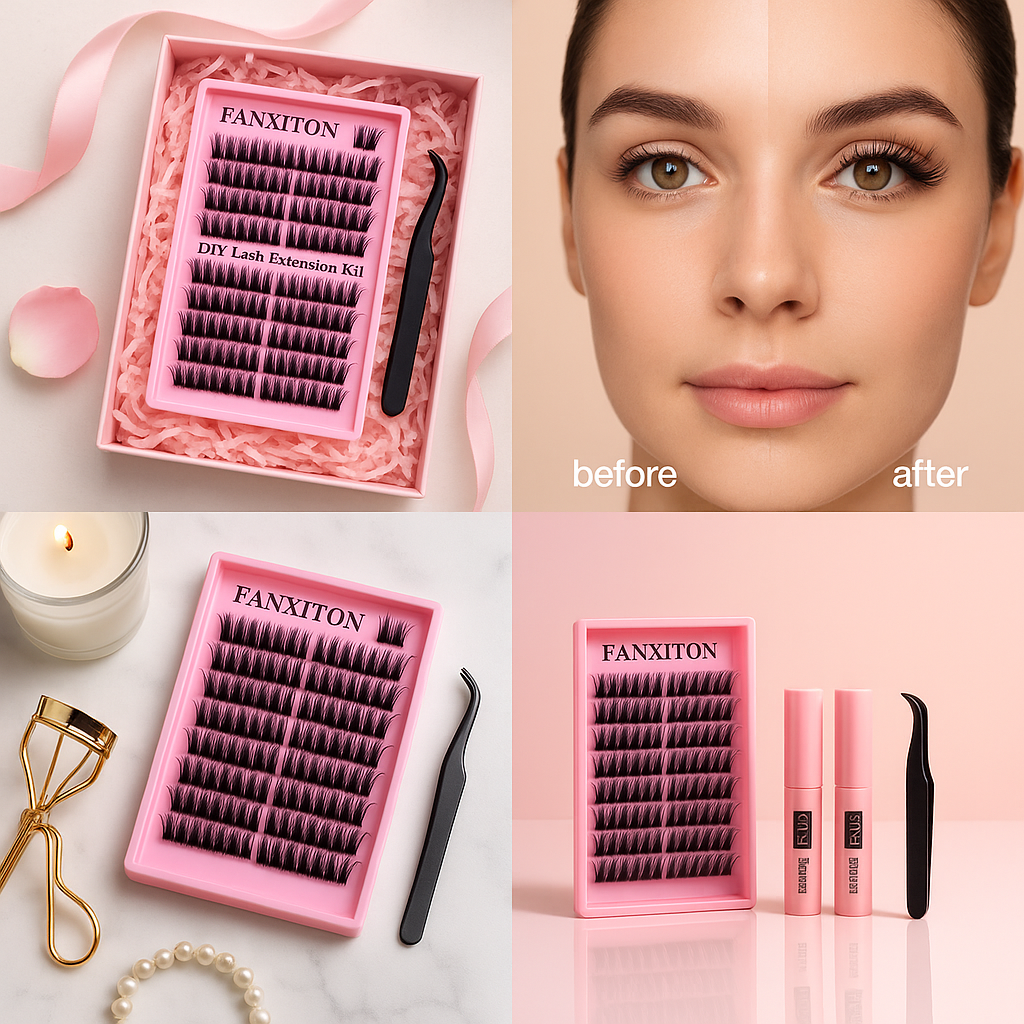 FANXITON DIY Volume Lash Cluster Kit – 60D/80D D-Curl Clusters with Bond, Seal & Tweezers