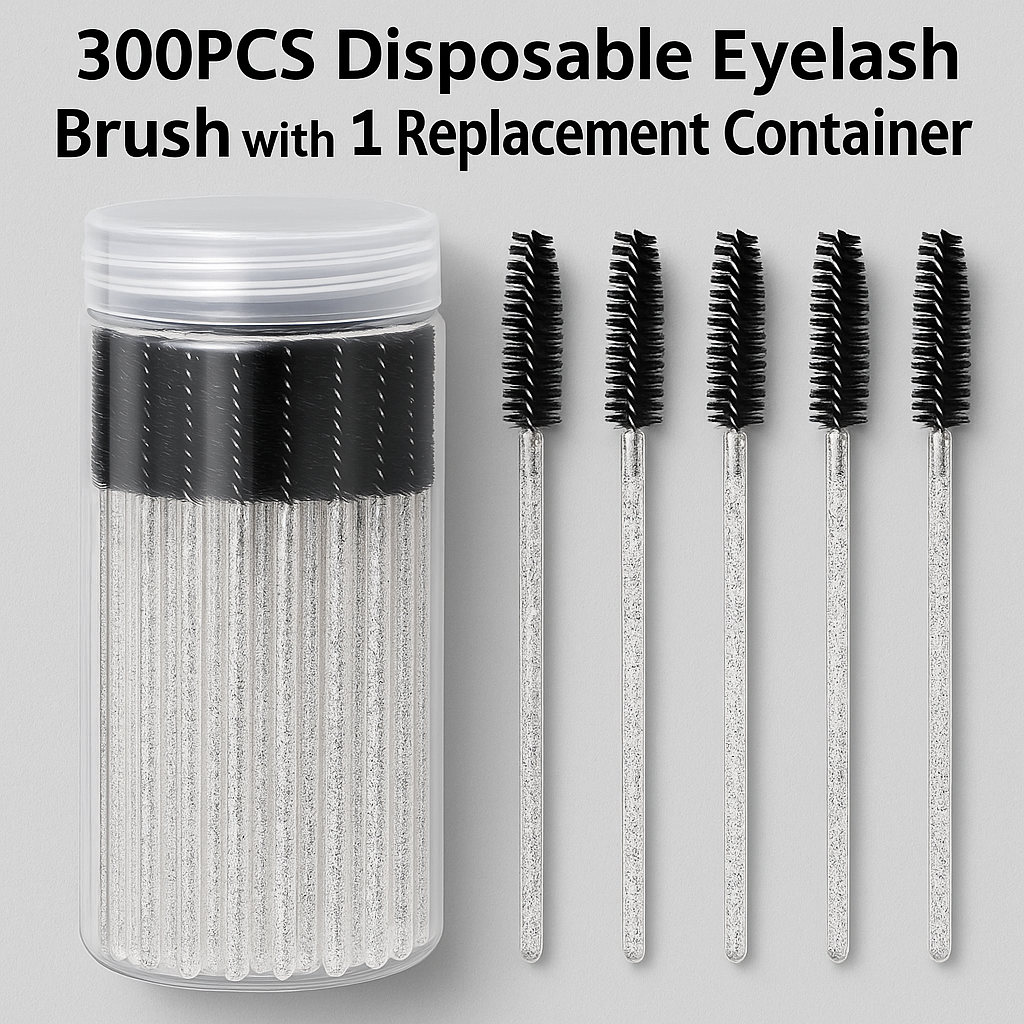 300 Count Crystal Eyelash Brushes + Container – Disposable Mascara Spoolie Wands