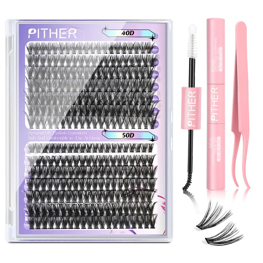 Eyelash Extension Kit PITHER 280pcs Lash Clusters Kit 10-16mm D Curl Individual Lashes with Lash Bond and Seal and Lash Tweezers (0.07mm 40D +50D)
