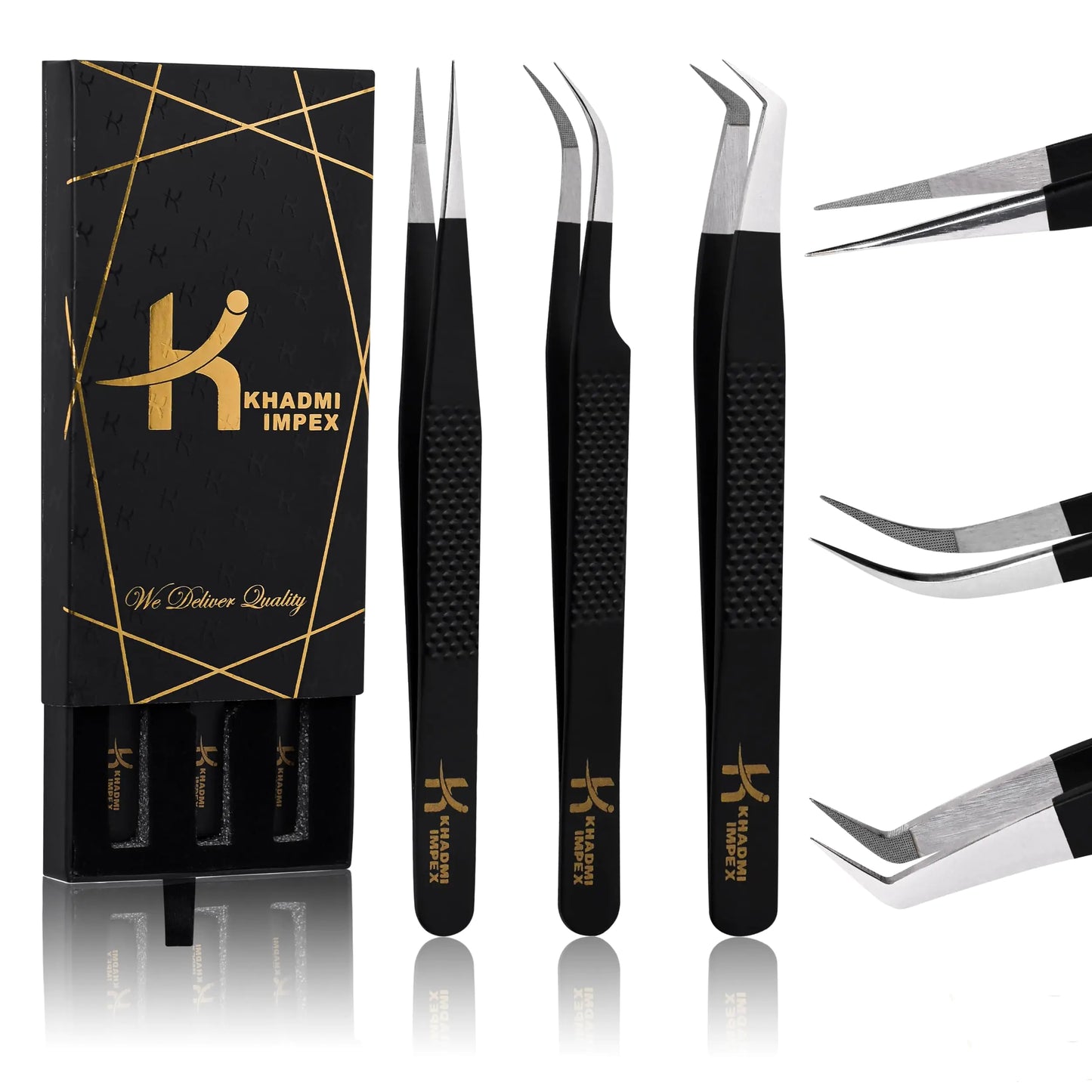 3-Piece Precision Eyelash Extension Tweezers Kit – Straight & Curved, Matte Black