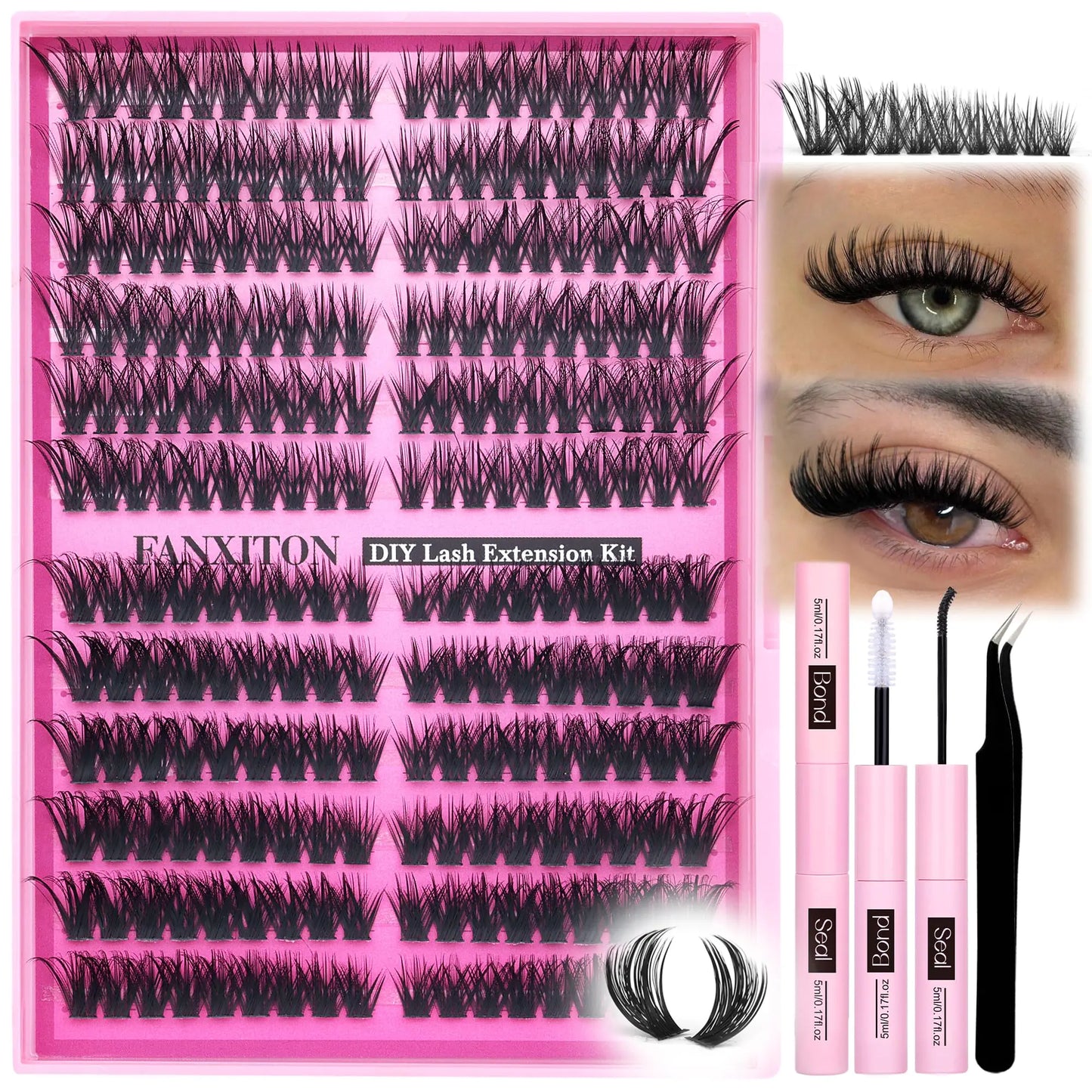 FANXITON DIY Volume Lash Cluster Kit – 60D/80D D-Curl Clusters with Bond, Seal & Tweezers