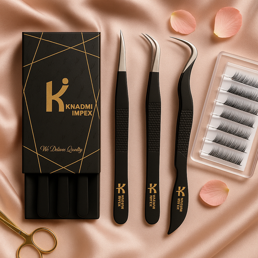 3-Piece Precision Eyelash Extension Tweezers Kit – Straight & Curved, Matte Black