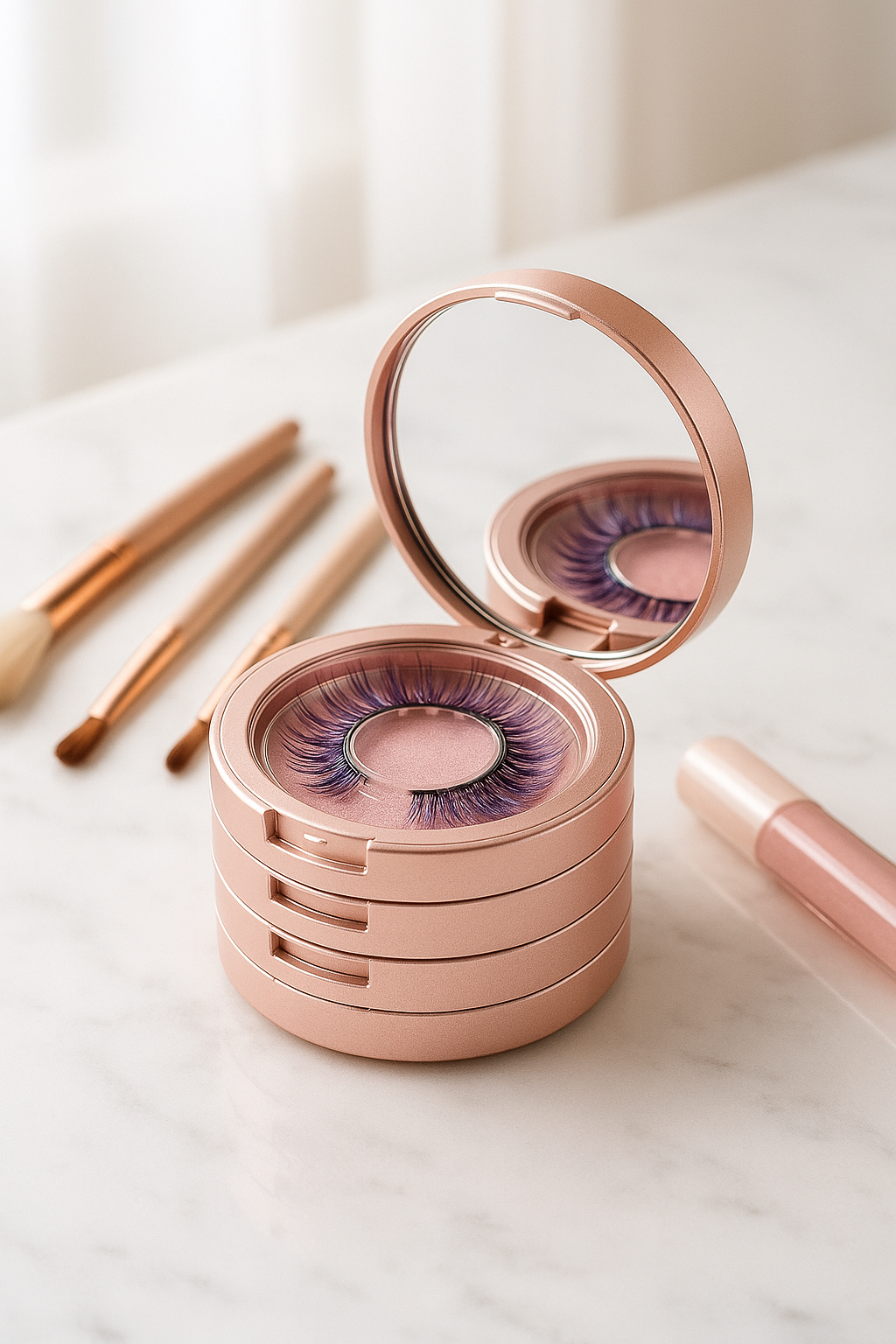 Rose Gold 3-Layer Eyelash Storage Case with Mirror & Lash Applicator – Travel-Friendly Holder