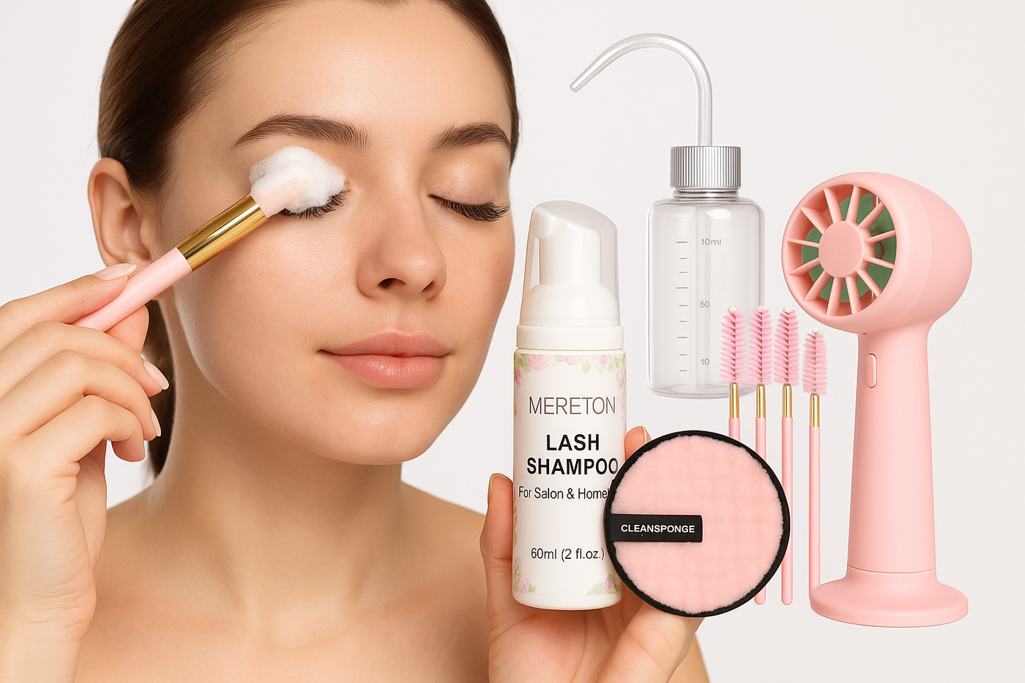 MERETON Lash Shampoo Kit 60 ml Lash Shampoo for Lash Extensions Lash Extension Cleanser 6 in 1 Eye Lash Cleansing Foam for Lash Clusters with Lash Wash Lash Fan Makeup Pad Rinse Bottle Lash Brush