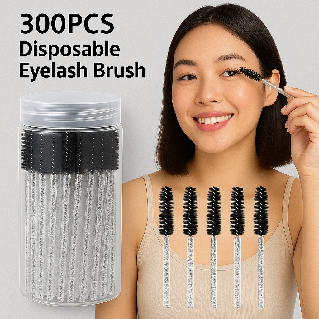 300 Count Crystal Eyelash Brushes + Container – Disposable Mascara Spoolie Wands