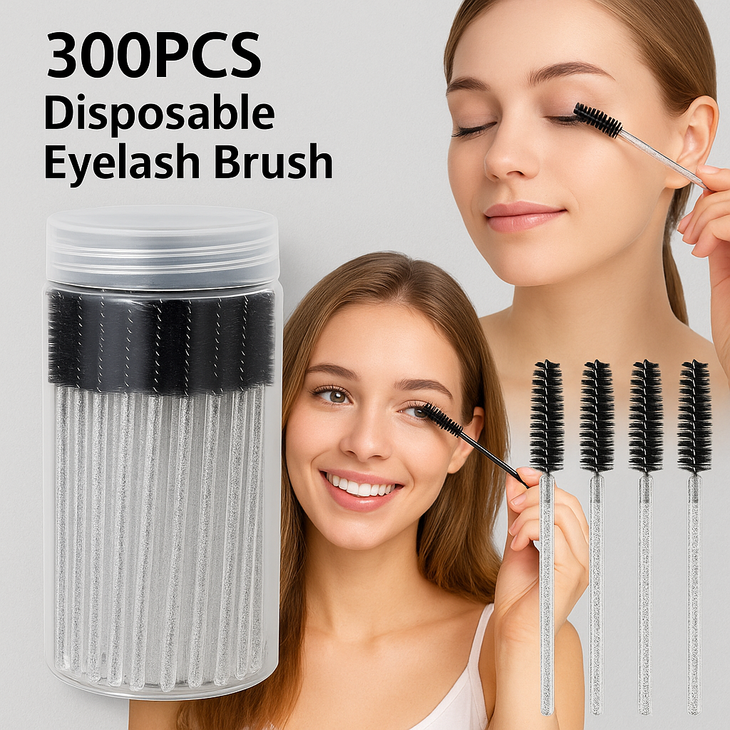 300 Count Crystal Eyelash Brushes + Container – Disposable Mascara Spoolie Wands