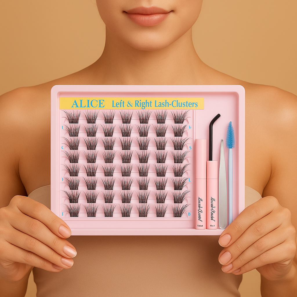 ALICE Natural Lash Clusters Kit Wispy Cat Eye Lash Extension Kit 3D C Curl Eyelash Clusters Kit Left & Right DIY Eyelash Extension kit with Individual Lashes Bond and seal Lash Applicator