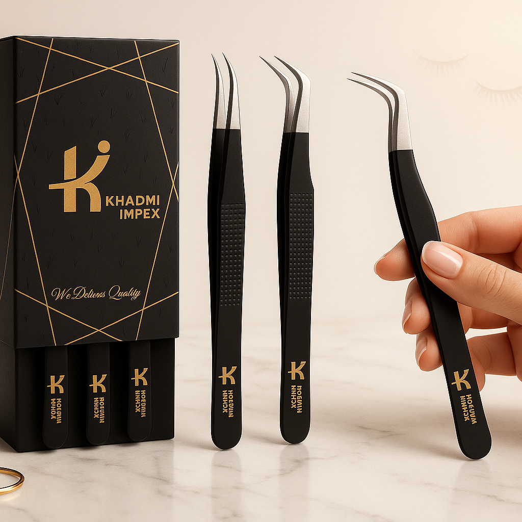 3-Piece Precision Eyelash Extension Tweezers Kit – Straight & Curved, Matte Black