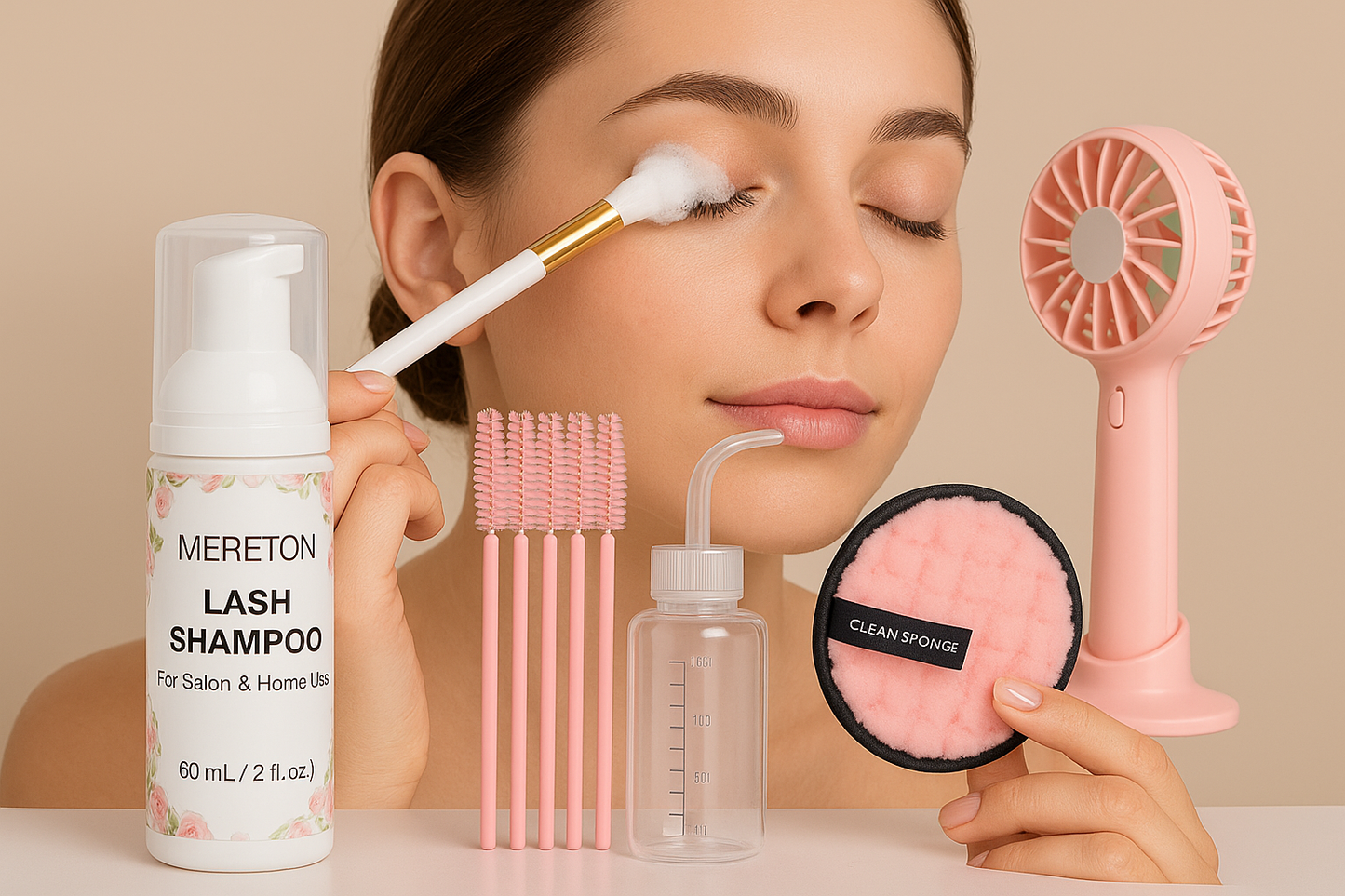 MERETON Lash Shampoo Kit 60 ml Lash Shampoo for Lash Extensions Lash Extension Cleanser 6 in 1 Eye Lash Cleansing Foam for Lash Clusters with Lash Wash Lash Fan Makeup Pad Rinse Bottle Lash Brush