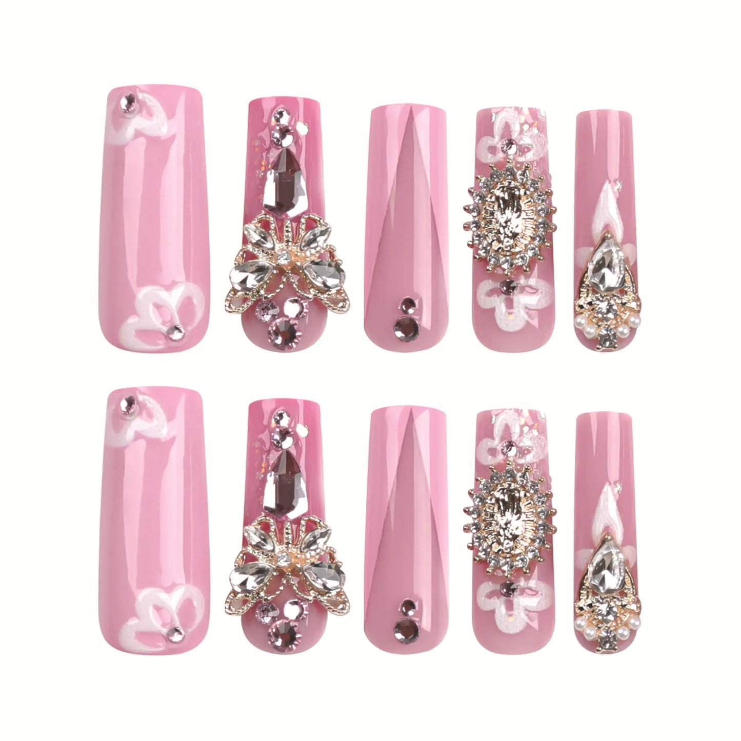 3D Pink French Nail Art with Gold Butterfly Design