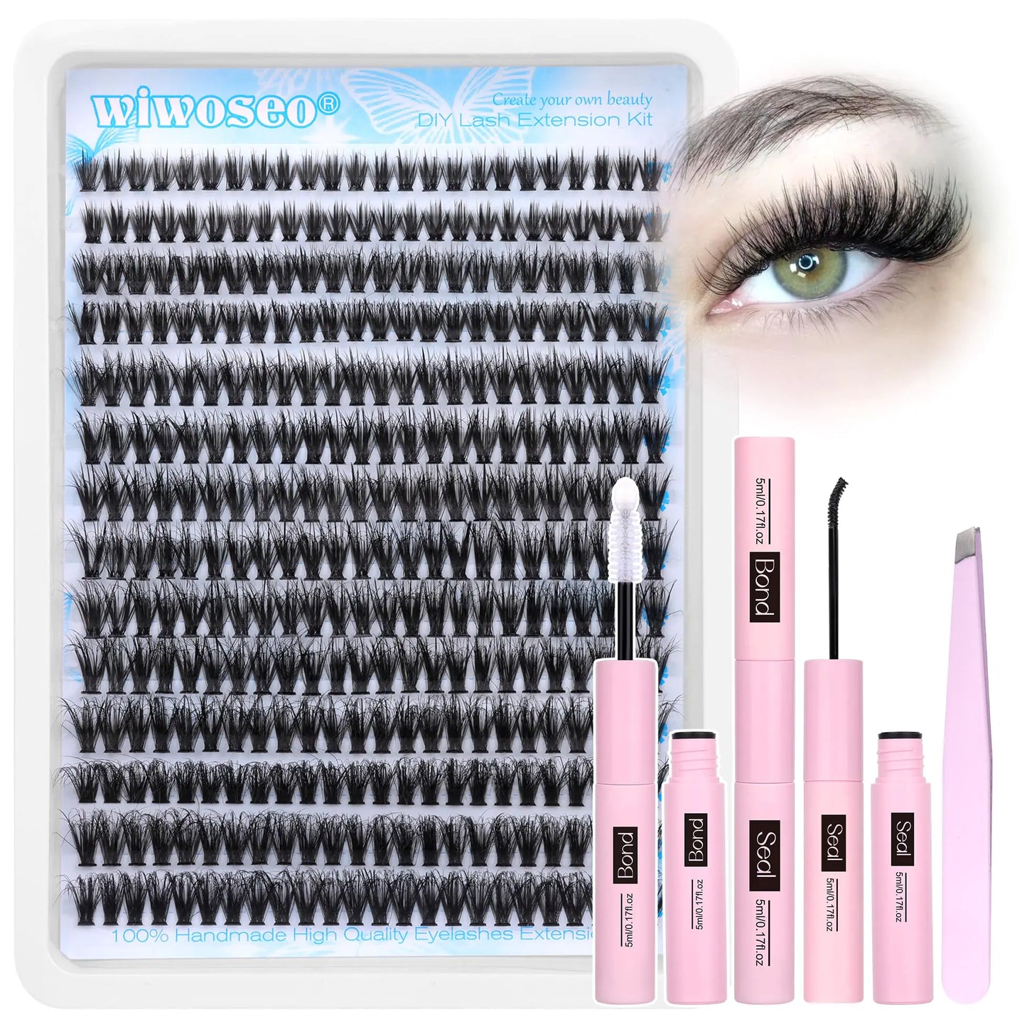 wiwoseo Fluffy Lash Clusters Kit 40D Fluffy Lash Extension Kit with Lash Bond and Seal Eyelash Clusters Eyelash Extensions Kit Wispy Lash Clusters DIY Lash Extension Kit for Beginners (336pcs 8-16MM)