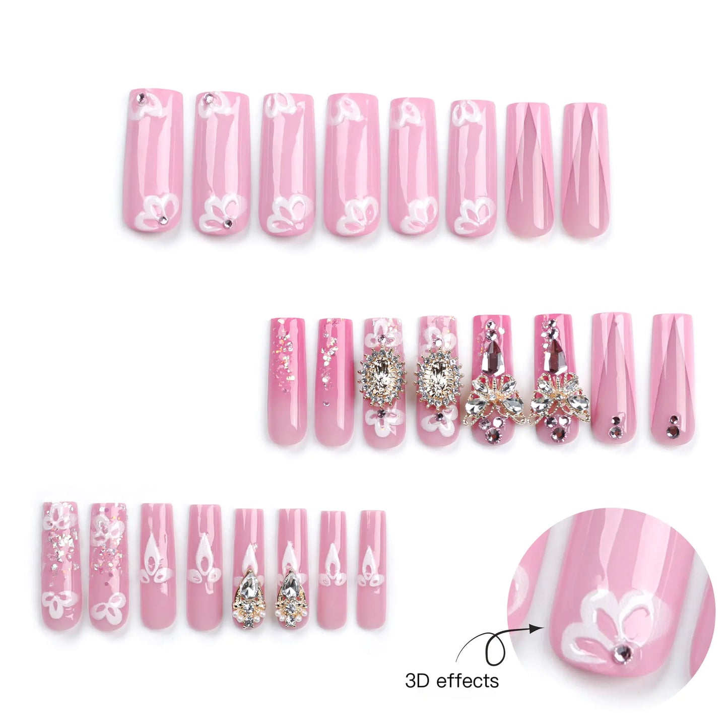 3D Pink French Nail Art with Gold Butterfly Design